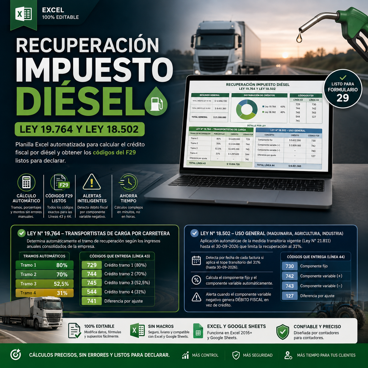 Recuperación Impuesto Diésel — Ley 19.764 y Ley 18.502 (Excel)